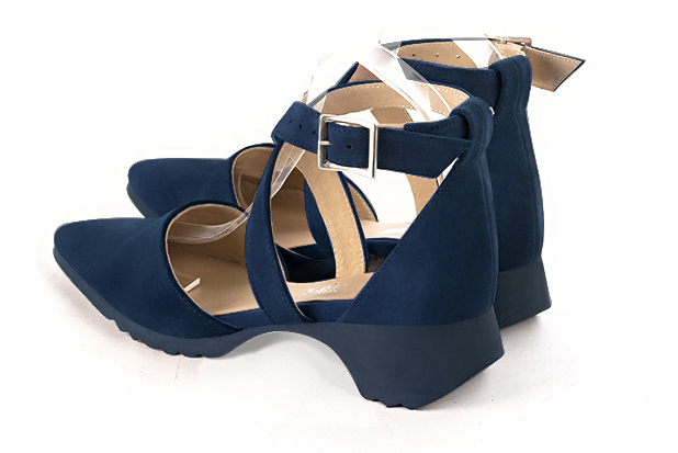 Navy blue women's open side shoes, with crossed straps.. Rear view - Florence KOOIJMAN